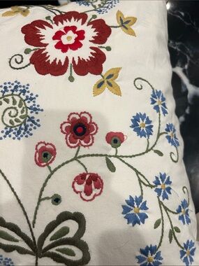 ikea Embroidered Floral Throw Pillow - White Base with Red, Blue & Green Flowers